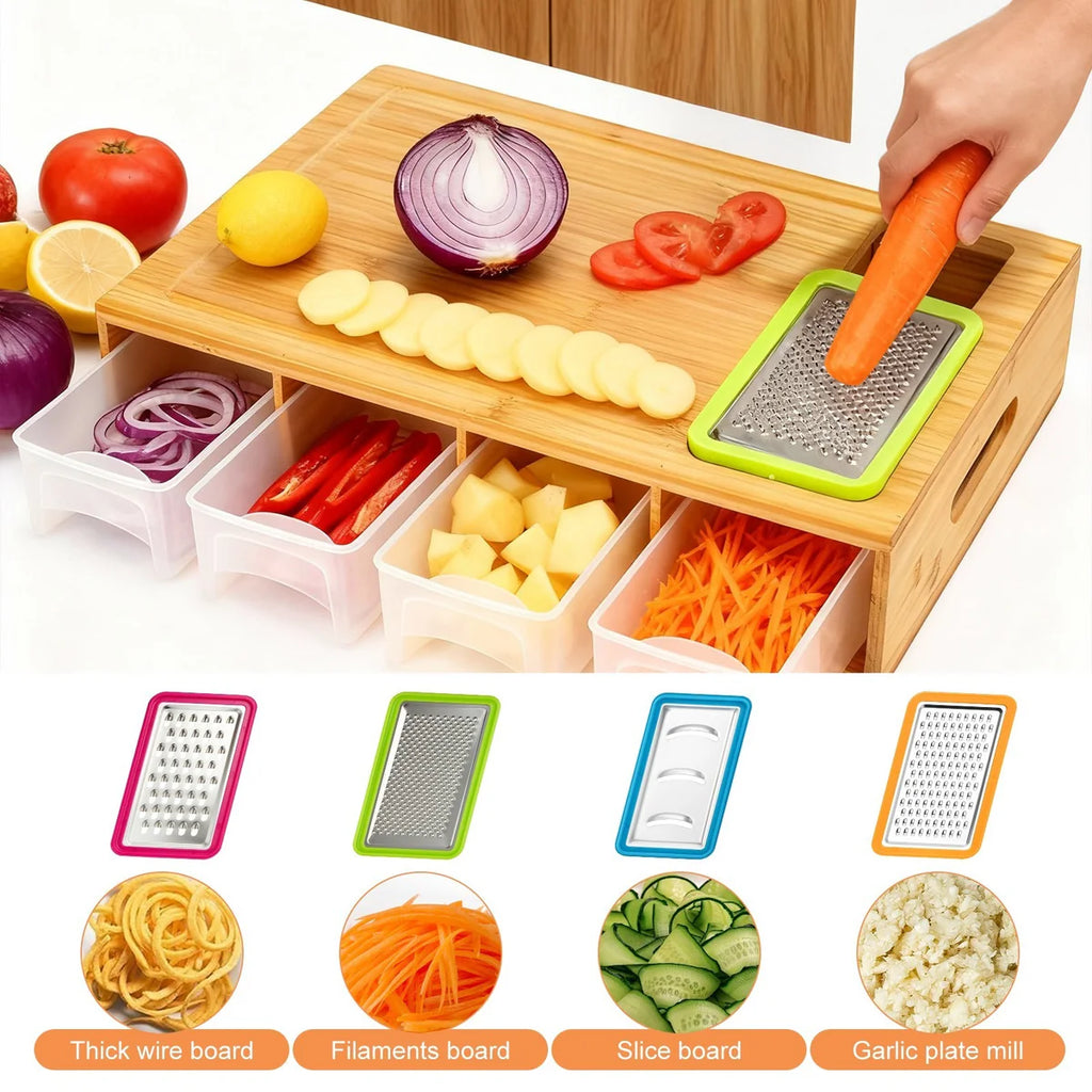 Large Bamboo Chopping Board with 4 Containers & Graters – Kitchen Cutting Board Set