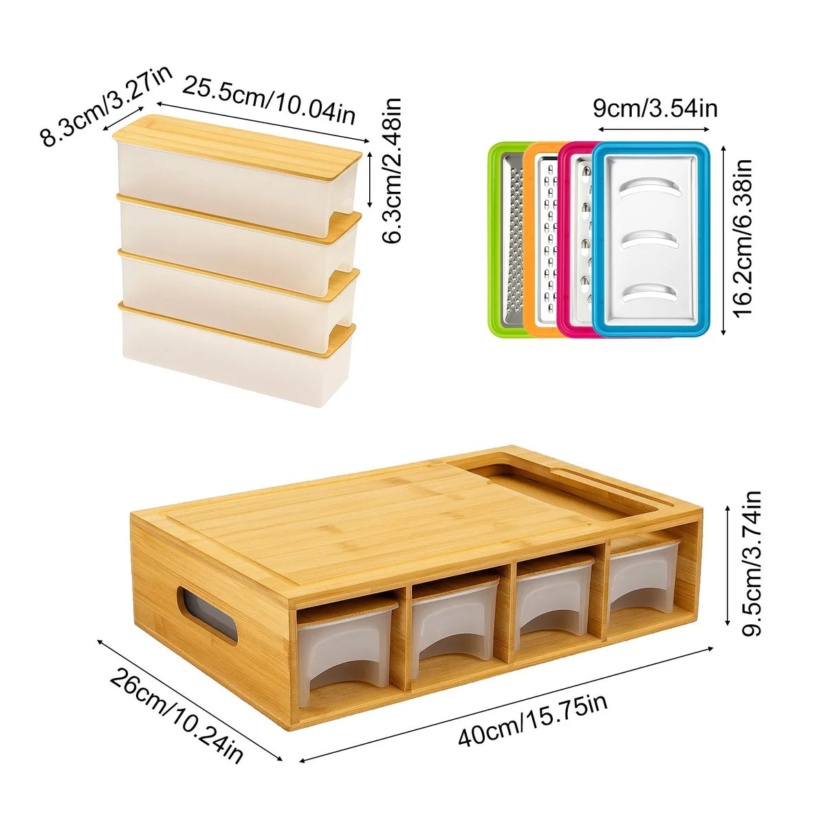 Large Bamboo Chopping Board with 4 Containers & Graters – Kitchen Cutting Board Set