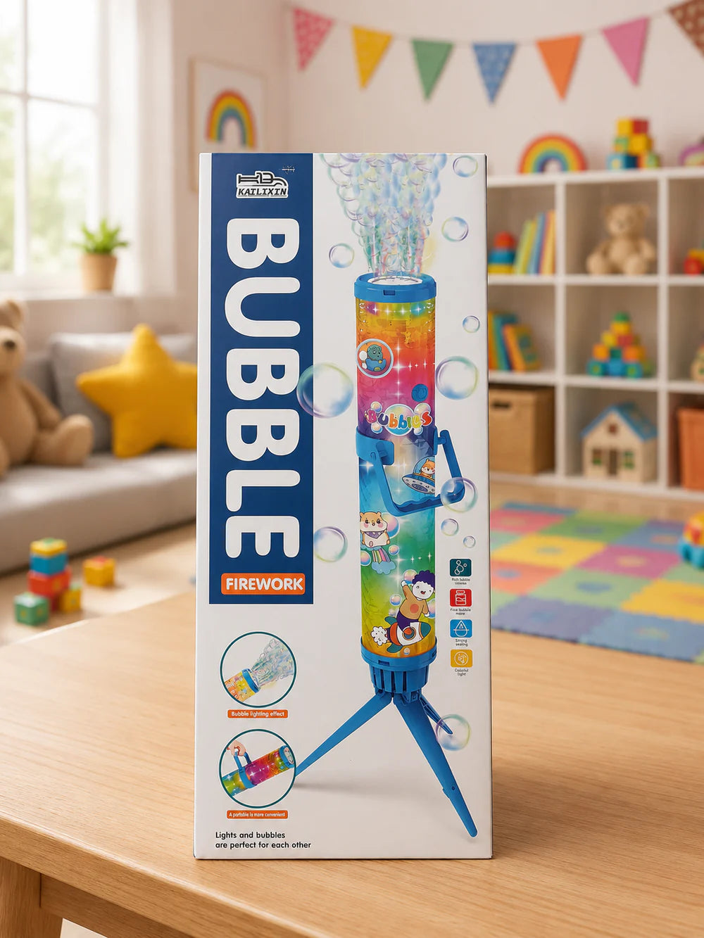 Bubble firework machine - rocket shape with LED lights & tripod stand