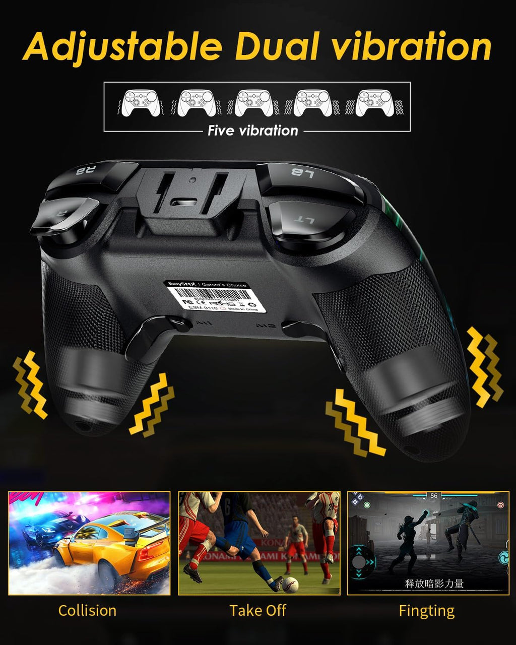 EasySMX 2.4G Wireless Game Controller Joystick for PC/PS3/Nintendo Switch/Steam Deck/Android/Tesla/Vista/TV Box,Rechargeable, M customized Muttons Dual shock, Turbo