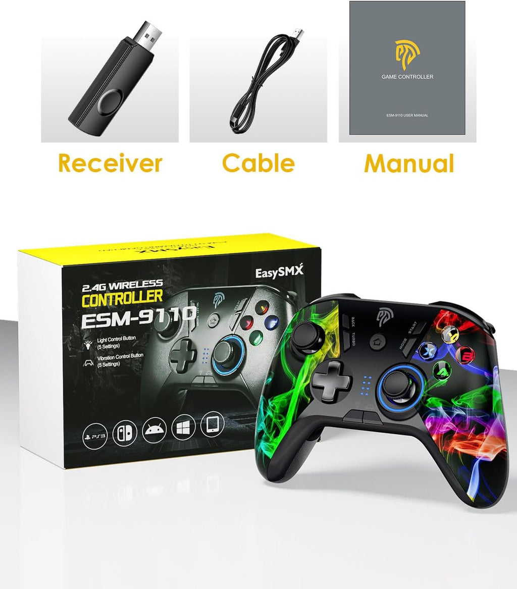 EasySMX 2.4G Wireless Game Controller Joystick for PC/PS3/Nintendo Switch/Steam Deck/Android/Tesla/Vista/TV Box,Rechargeable, M customized Muttons Dual shock, Turbo