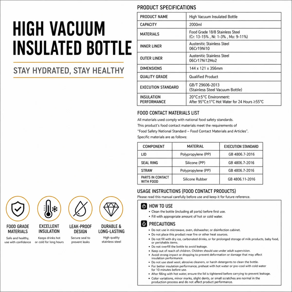 2L Large Capacity Flasks for Hot and Cold Drinks,Stainless Steel Vacuum Insulated Bottle coffee Cup Lid & Handle,Portable Travel Thermal Flask Hot Water Bottles for Outdoor Camping,Hiking,Cycling
