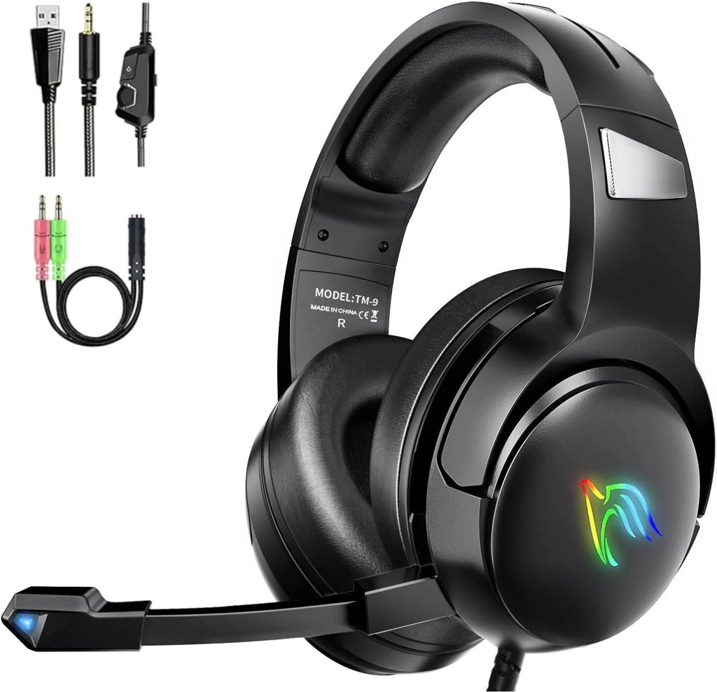 Yinsan Gaming Headset with Noise Cancelling Mic RGB Headphones for PS5,PS4,Xbox - Black