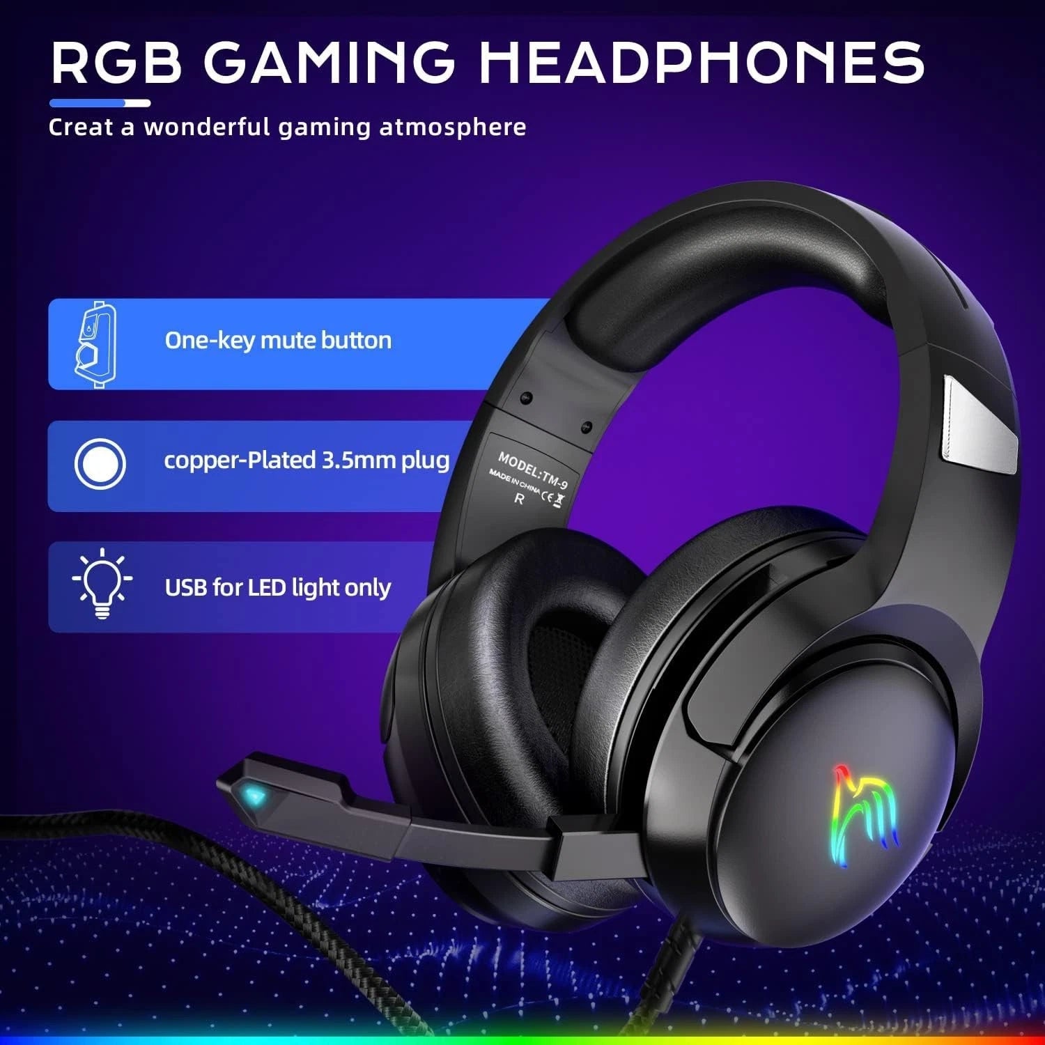 Yinsan Gaming Headset with Noise Cancelling Mic RGB Headphones for PS5,PS4,Xbox - Black
