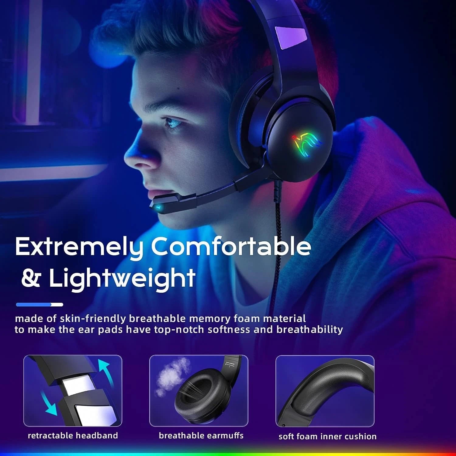 Yinsan Gaming Headset with Noise Cancelling Mic RGB Headphones for PS5,PS4,Xbox - Black