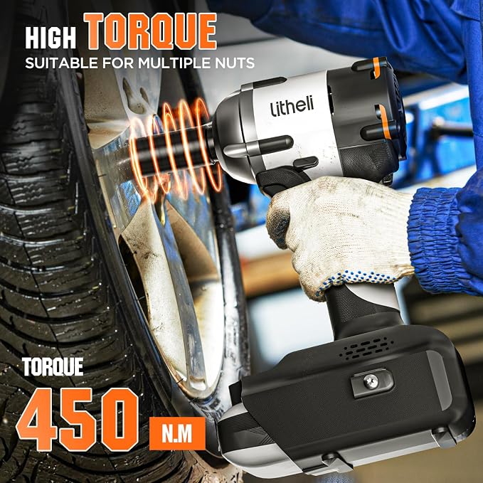 LiTHELi Cordless Impact Wrench 1/2 inch, 330 Ft-lbs(450N.m) Brushless Impact Gun 2500 RPM, 20V Power Impact Wrenches with 2.5Ah Battery for Home & Truck Car