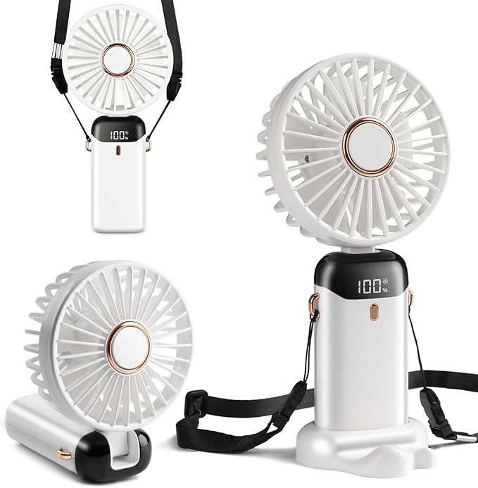 Mini Handheld Fan, Type-C Rechargeable, 4000mAh Battery Operated Fan with Digital Display, 90° Foldable, 5 Speed Wind,Handheld/Neck/Desk 3 in 1 Personal Small Fan, Makeup Fan for Women (Snow White)