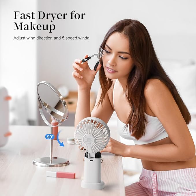 Mini Handheld Fan, Type-C Rechargeable, 4000mAh Battery Operated Fan with Digital Display, 90° Foldable, 5 Speed Wind,Handheld/Neck/Desk 3 in 1 Personal Small Fan, Makeup Fan for Women (Snow White)