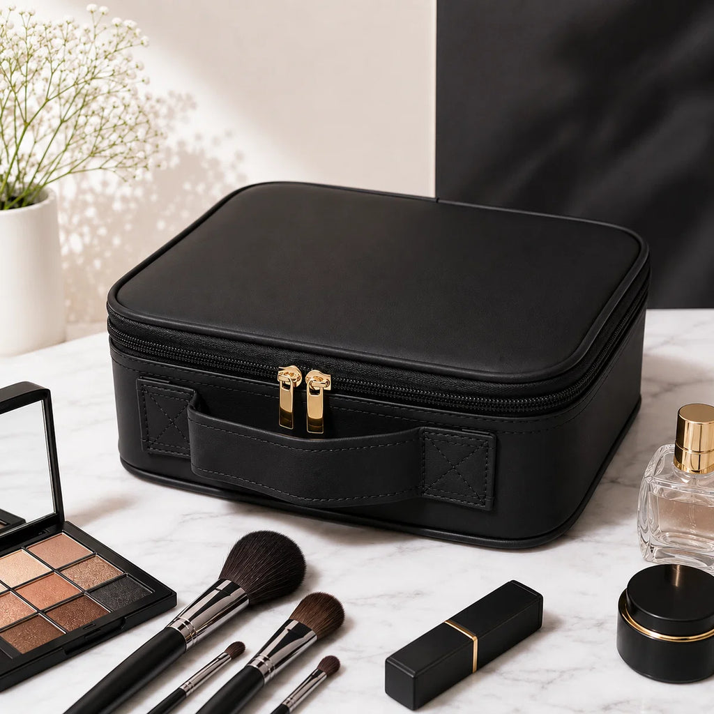 Makeup Organiser Travel Kit with Built-In LED Mirror - Black/Pink