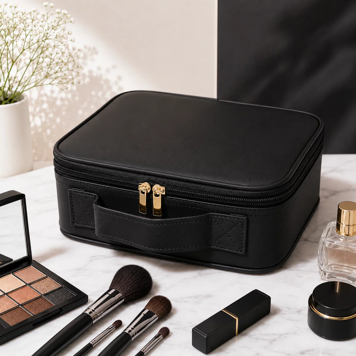 Makeup Organiser Travel Kit with Built-In LED Mirror - Black/Pink