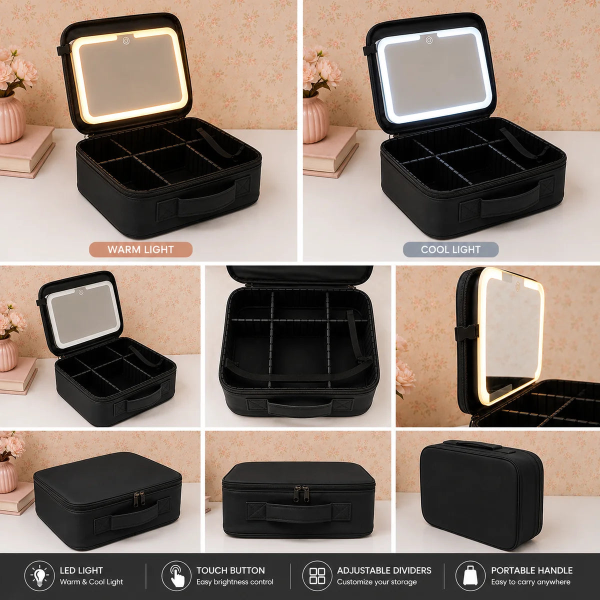 Makeup Organiser Travel Kit with Built-In LED Mirror - Black/Pink
