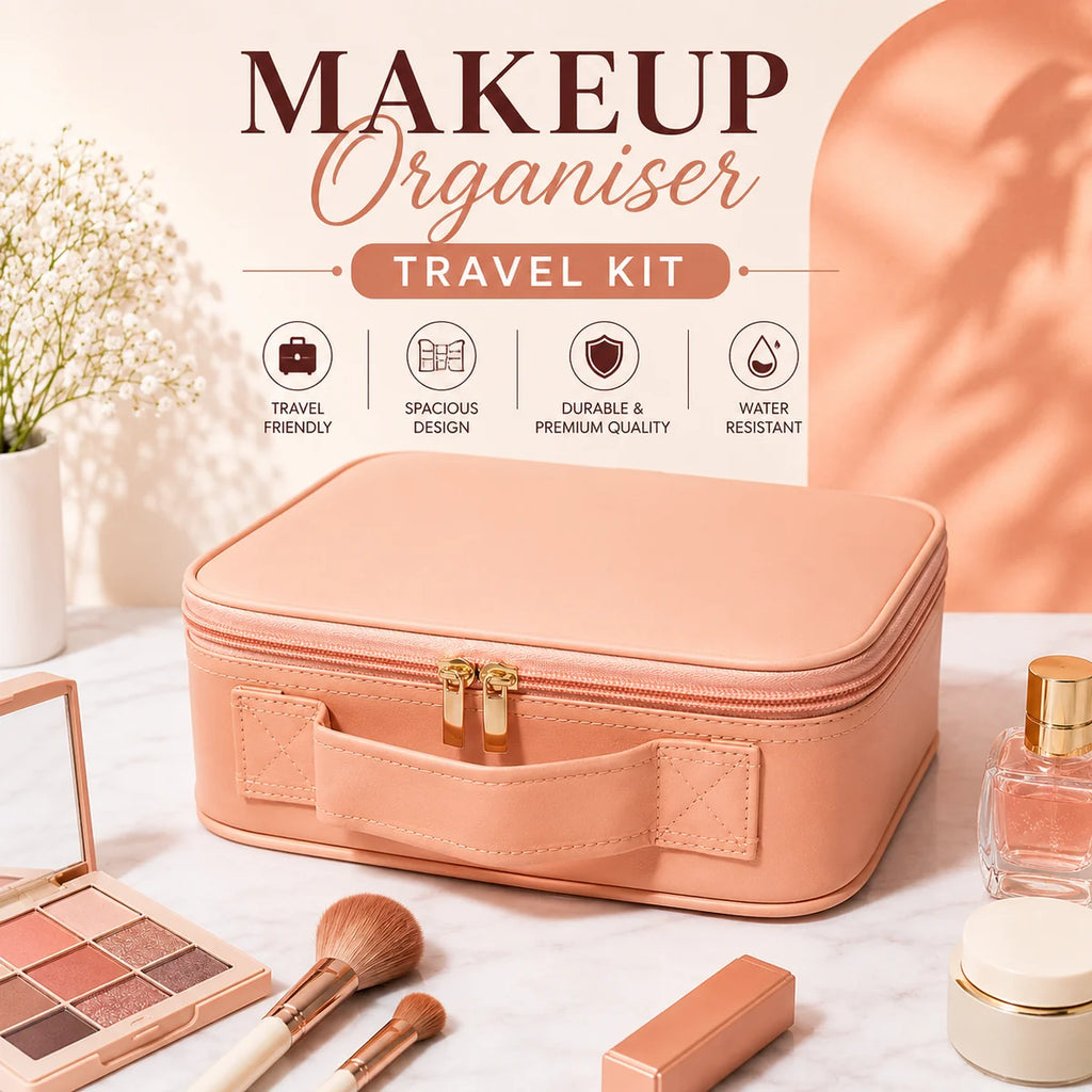 Makeup Organiser Travel Kit with Built-In LED Mirror - Black/Pink