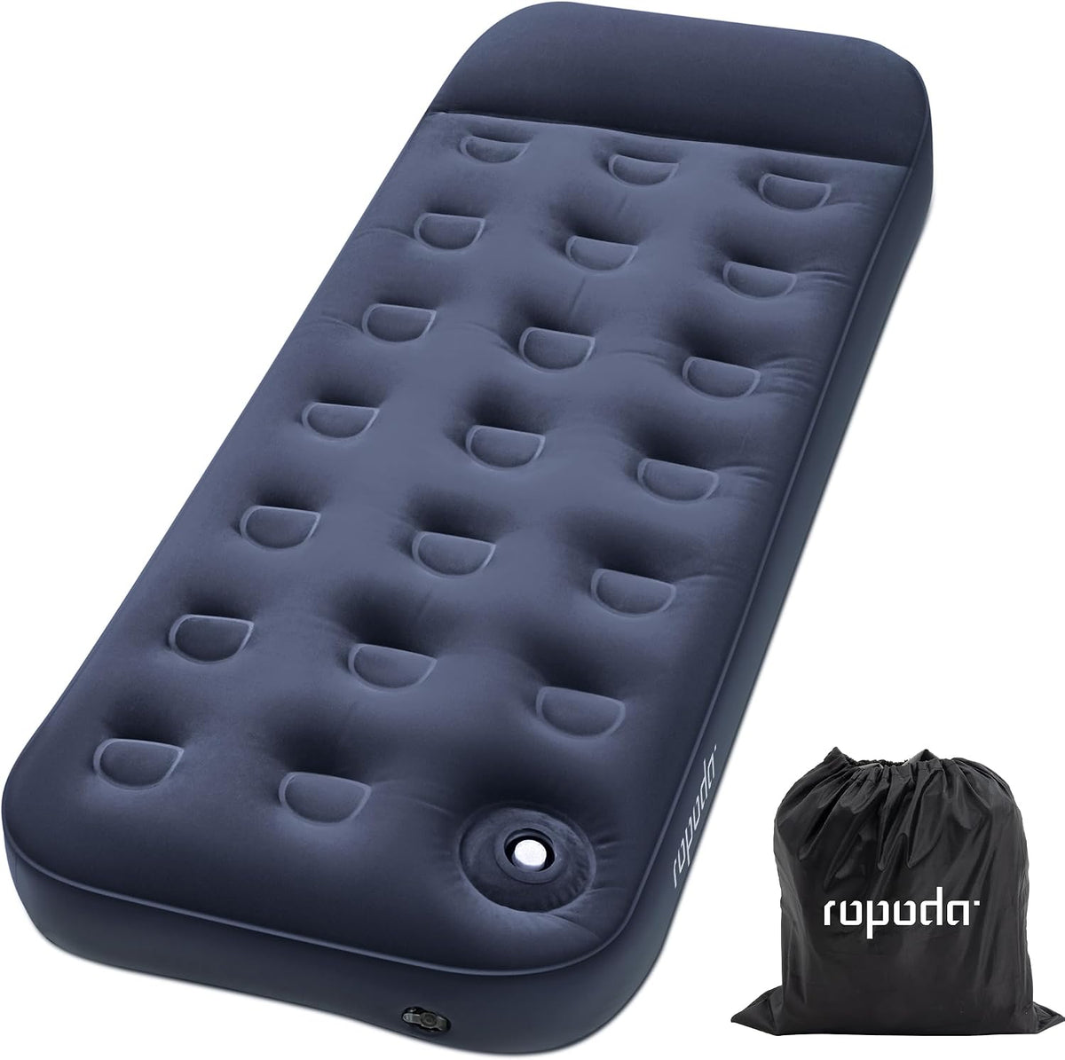 ROPODA Single Air Bed, Quick Flocked Inflatable Mattress, Blow Up Camping Bed with Pillow & Built-in Foot Pump, for Camping, Short Trips, Family Guests 75"*30"*11" (Blue)