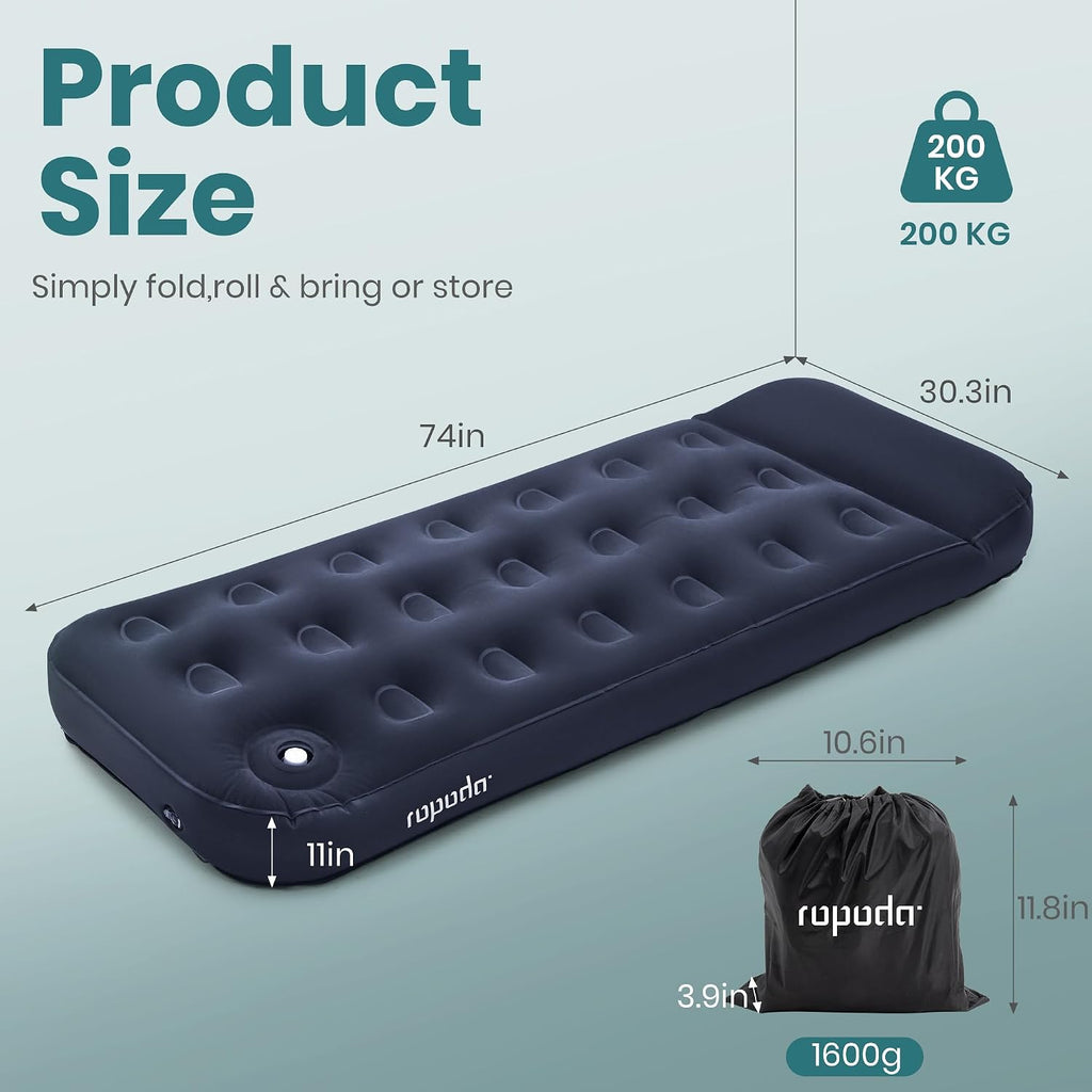 ROPODA Single Air Bed, Quick Flocked Inflatable Mattress, Blow Up Camping Bed with Pillow & Built-in Foot Pump, for Camping, Short Trips, Family Guests 75"*30"*11" (Blue)