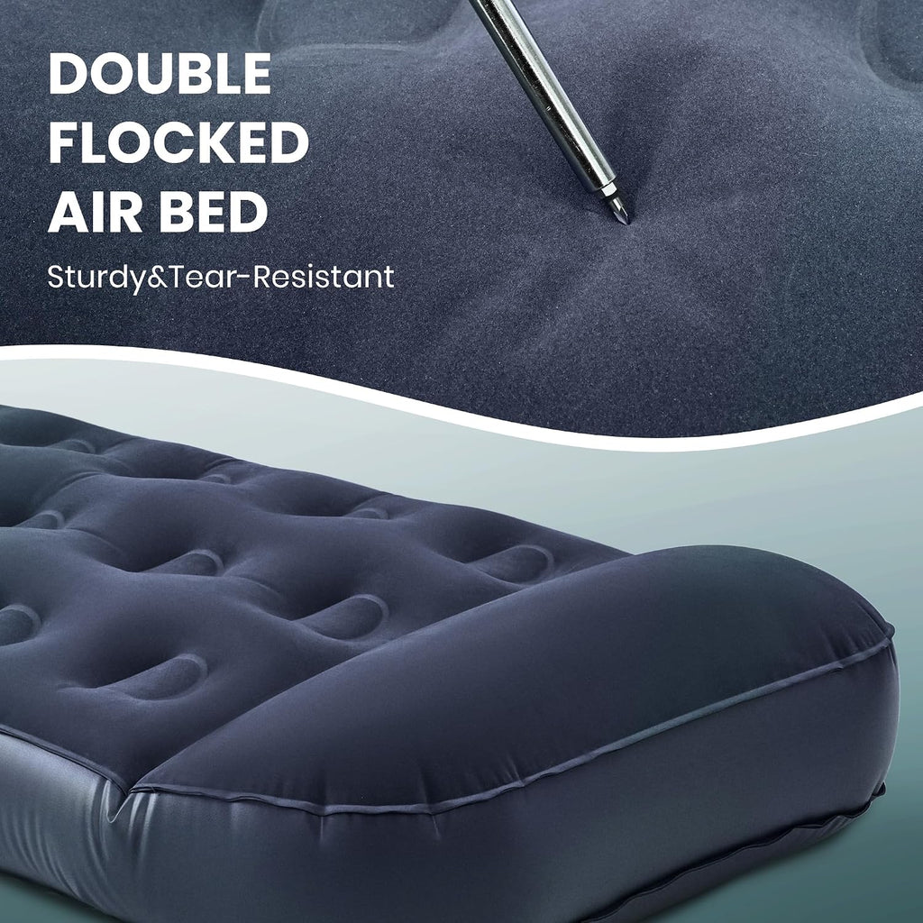 ROPODA Single Air Bed, Quick Flocked Inflatable Mattress, Blow Up Camping Bed with Pillow & Built-in Foot Pump, for Camping, Short Trips, Family Guests 75"*30"*11" (Blue)