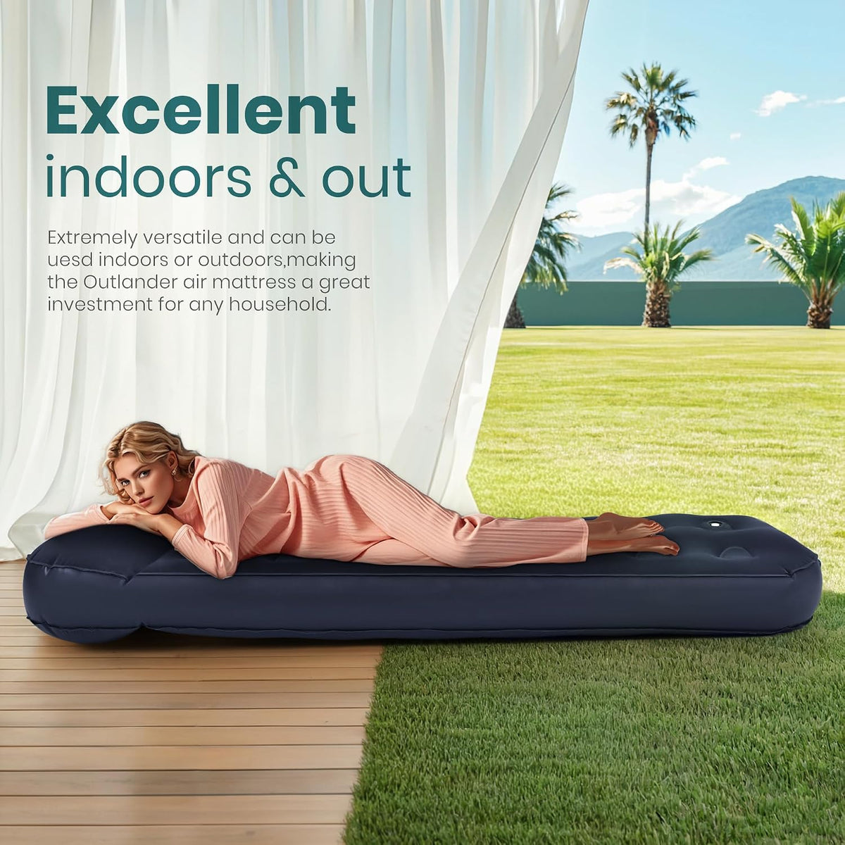 ROPODA Single Air Bed, Quick Flocked Inflatable Mattress, Blow Up Camping Bed with Pillow & Built-in Foot Pump, for Camping, Short Trips, Family Guests 75"*30"*11" (Blue)