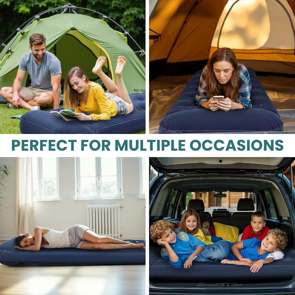 ROPODA Single Air Bed, Quick Flocked Inflatable Mattress, Blow Up Camping Bed with Pillow & Built-in Foot Pump, for Camping, Short Trips, Family Guests 75"*30"*11" (Blue)