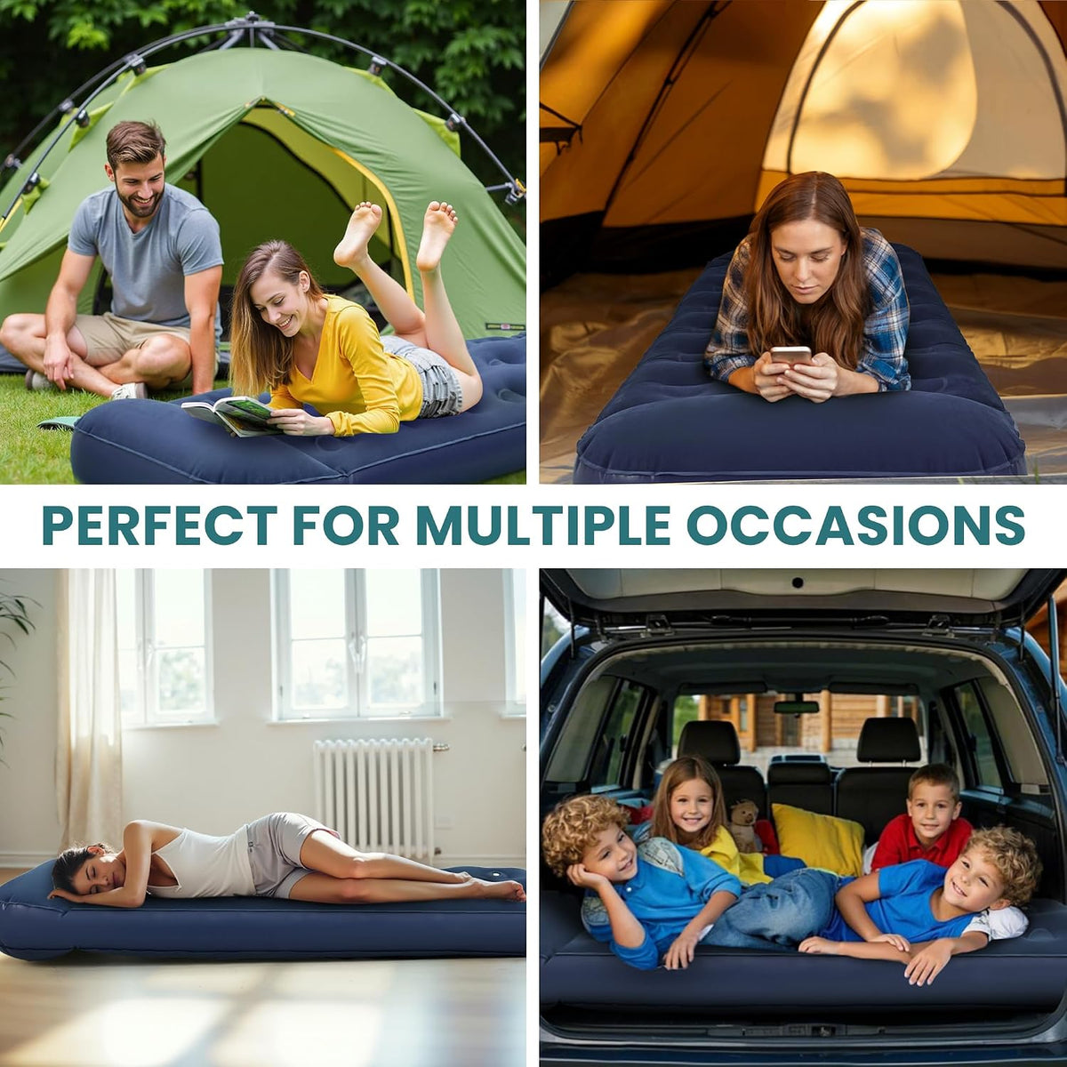 ROPODA Single Air Bed, Quick Flocked Inflatable Mattress, Blow Up Camping Bed with Pillow & Built-in Foot Pump, for Camping, Short Trips, Family Guests 75"*30"*11" (Blue)