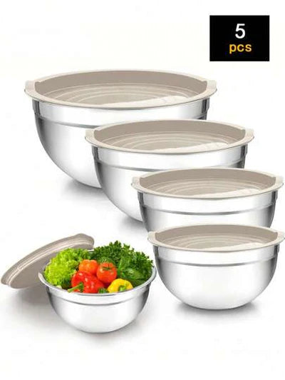 5-Piece Stainless Steel Mixing Bowl Set with Lids – 18–26cm Nesting Kitchen Bowls