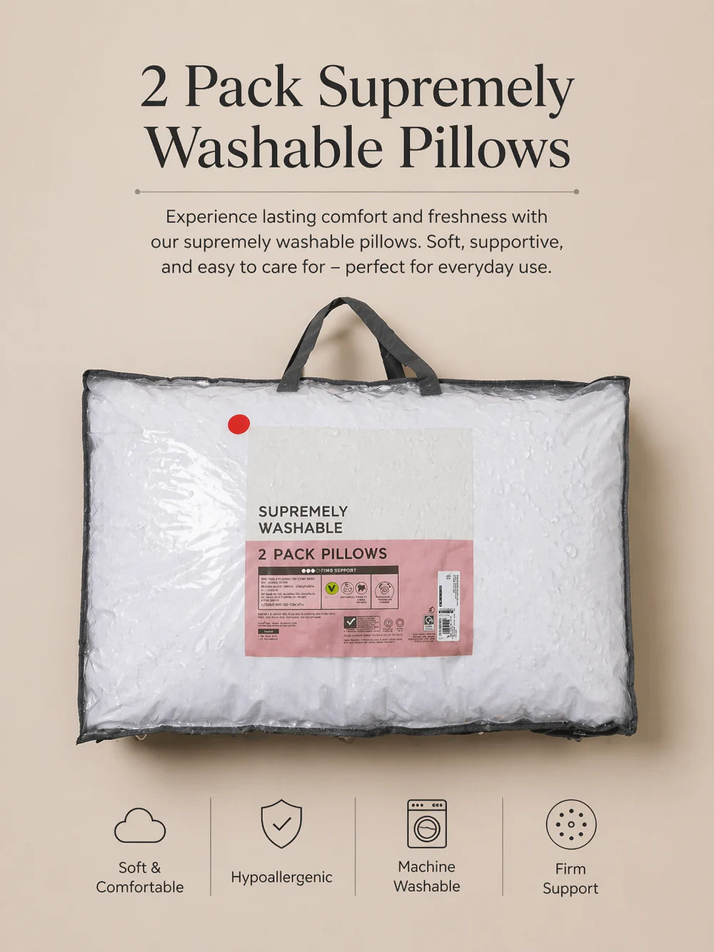 2 Pack Supremely Washable Pillows – Soft, Supportive & Easy Care