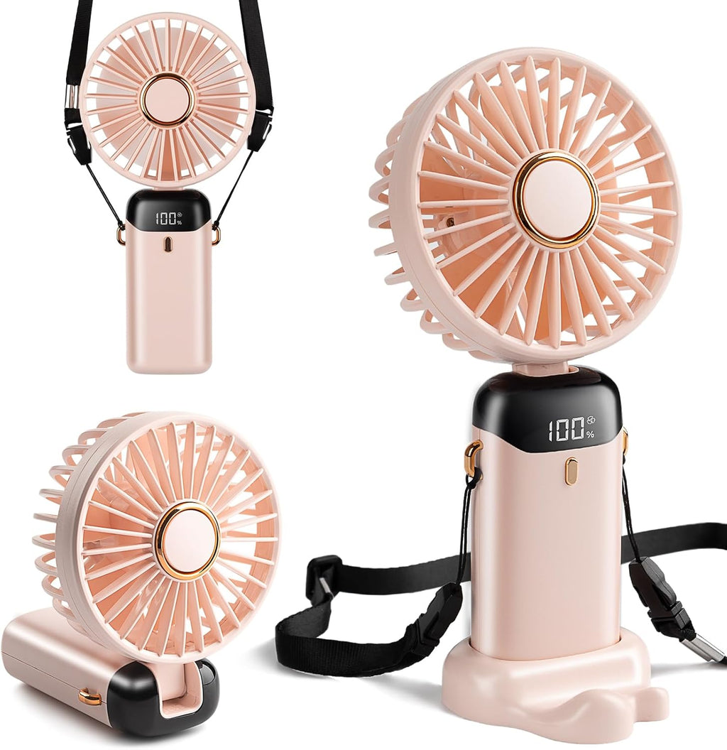 Mini Handheld Fan, Type-C Rechargeable, 4000mAh Battery Operated Fan with Digital Display, 90° Foldable, 5 Speed Wind,Handheld/Neck/Desk 3 in 1 Personal Small Fan, Makeup Fan for Women (Snow White)