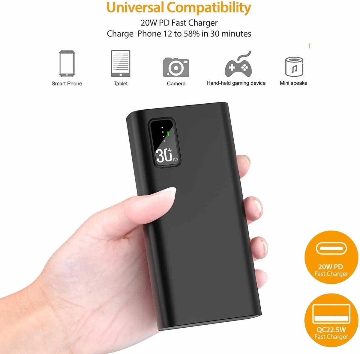 Power Bank 30000mAh QC3.0 22.5W & USB C PD20W Fast Charging