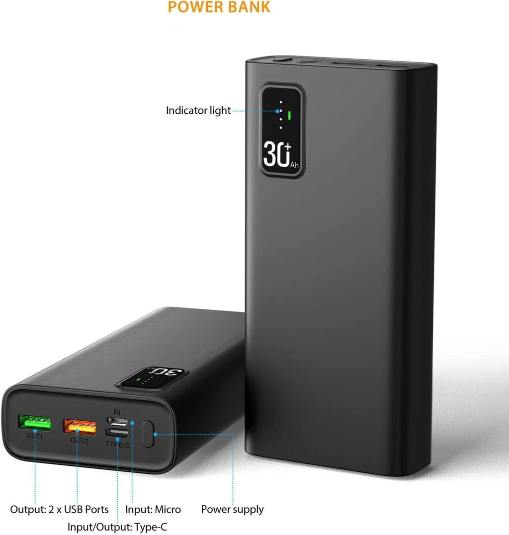 Power Bank 30000mAh QC3.0 22.5W & USB C PD20W Fast Charging
