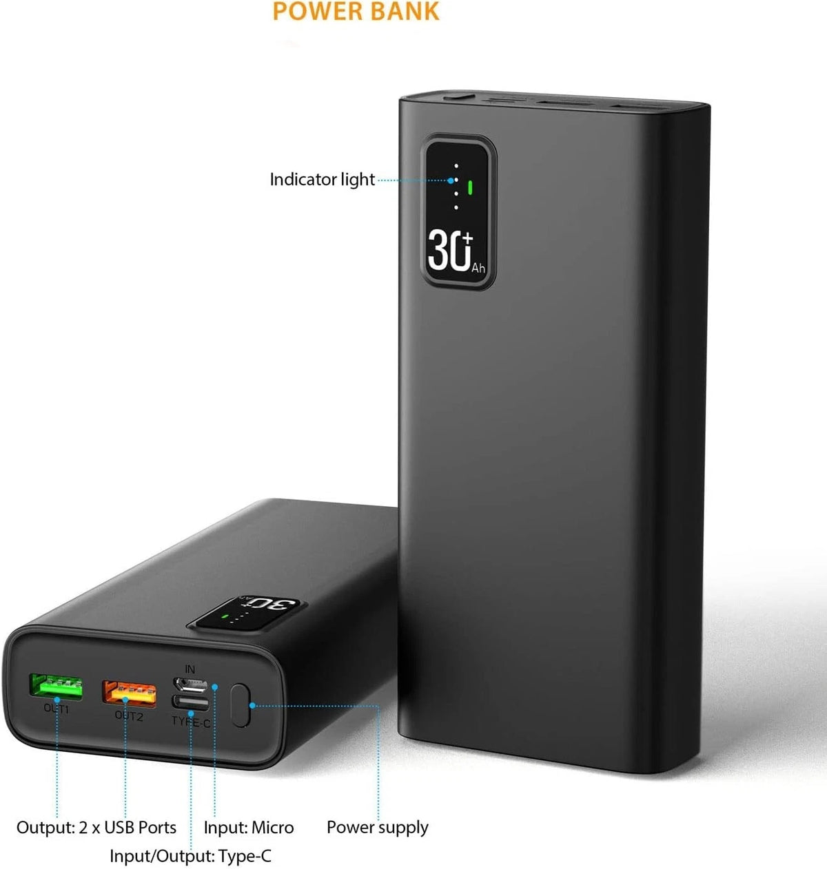 Power Bank 30000mAh QC3.0 22.5W & USB C PD20W Fast Charging