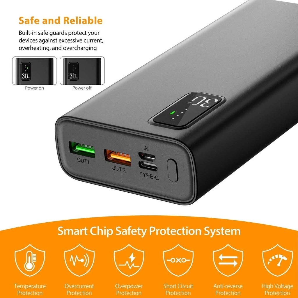 Power Bank 30000mAh QC3.0 22.5W & USB C PD20W Fast Charging