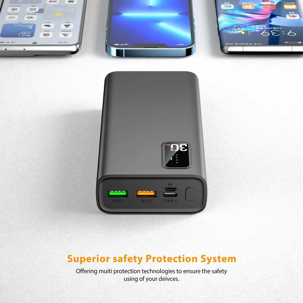 Power Bank 30000mAh QC3.0 22.5W & USB C PD20W Fast Charging