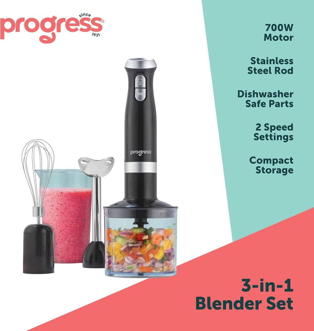 Progress 3 In 1 Hand Blender Set 700W, 500Ml Bowl, 700Ml Beaker | Stainless Steel Blending Rod, Whisk Attachment, 2 Speed Settings, Dishwasher-Safe Parts, For Soups Smoothies Sauces