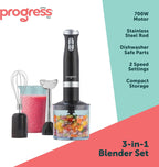 Progress 3 In 1 Hand Blender Set 700W, 500Ml Bowl, 700Ml Beaker | Stainless Steel Blending Rod, Whisk Attachment, 2 Speed Settings, Dishwasher-Safe Parts, For Soups Smoothies Sauces