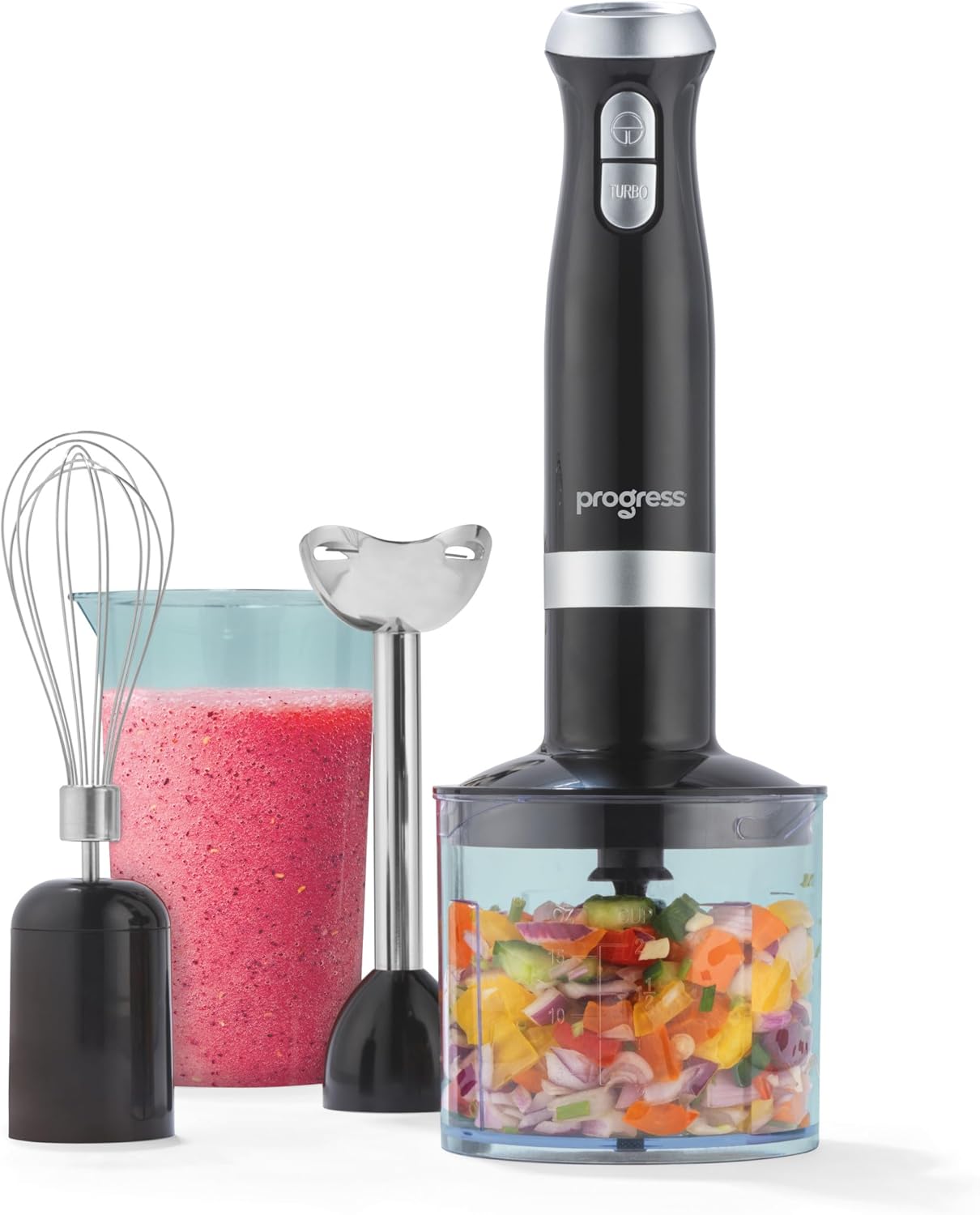 Progress 3 In 1 Hand Blender Set 700W, 500Ml Bowl, 700Ml Beaker | Stainless Steel Blending Rod, Whisk Attachment, 2 Speed Settings, Dishwasher-Safe Parts, For Soups Smoothies Sauces