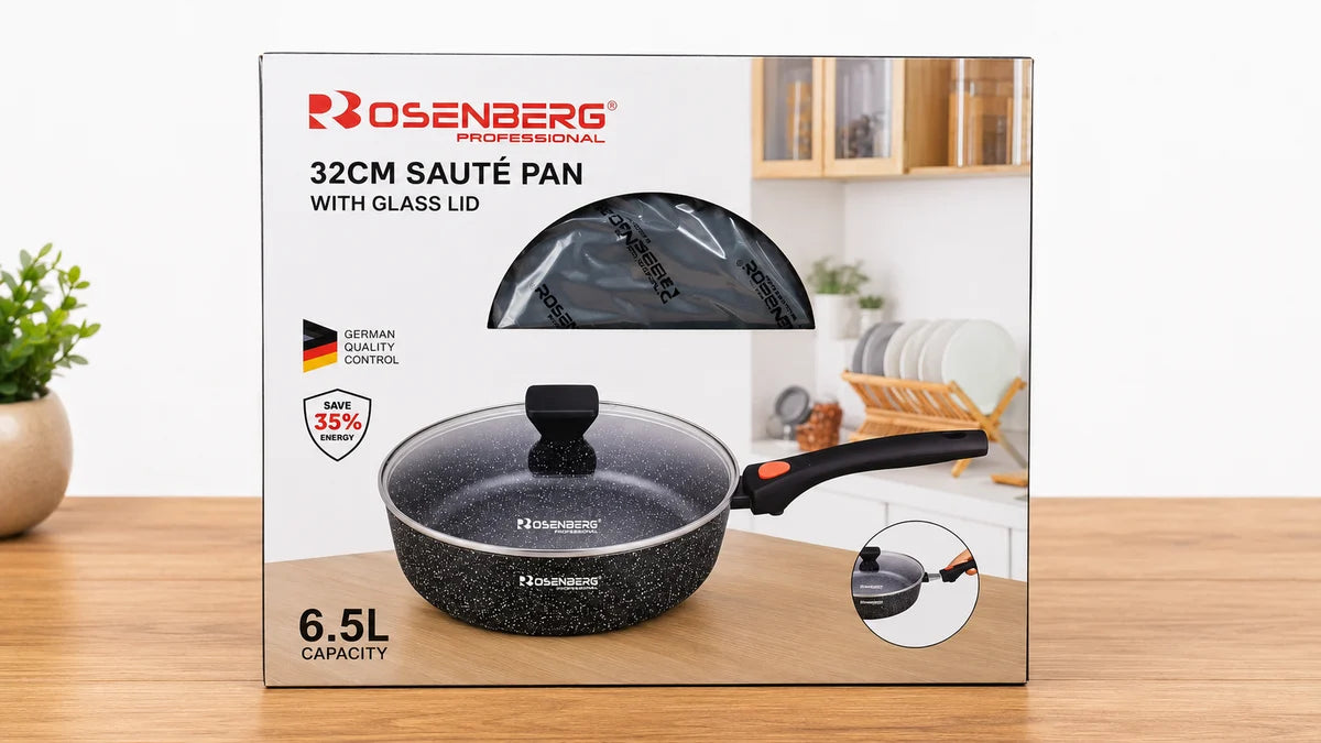 Saute Pan with glass lid - 32cm & 6.5L Capacity by Rosenberg Non-Stick, Induction Compatible