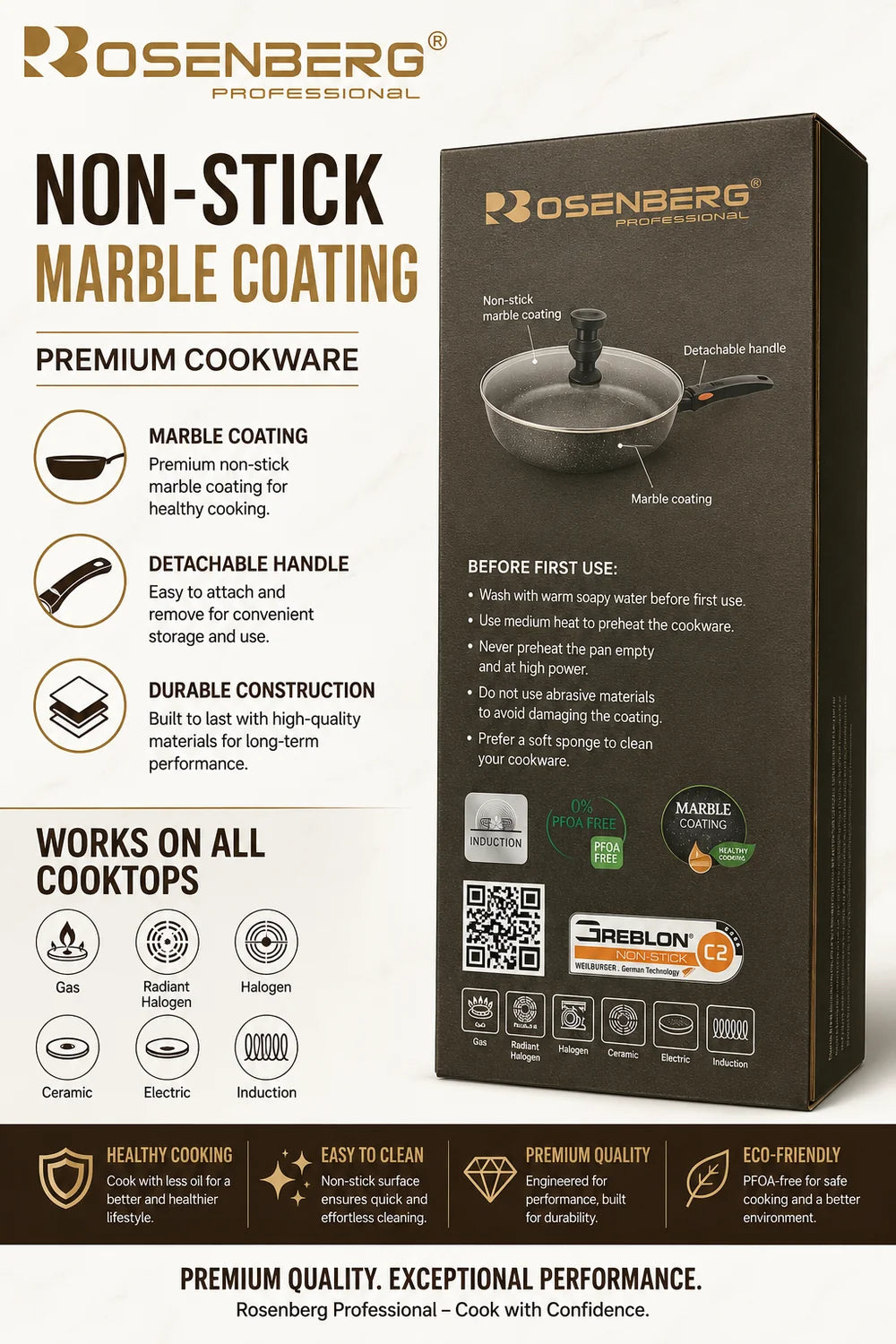 Saute Pan with glass lid - 32cm & 6.5L Capacity by Rosenberg Non-Stick, Induction Compatible