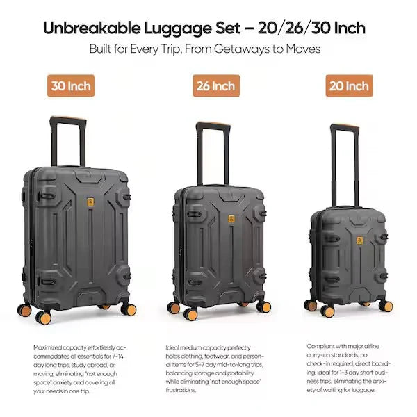 Suitcase Set 3 Hard Lightweight Suitcases Large,Medium & Small (Dark Grey)