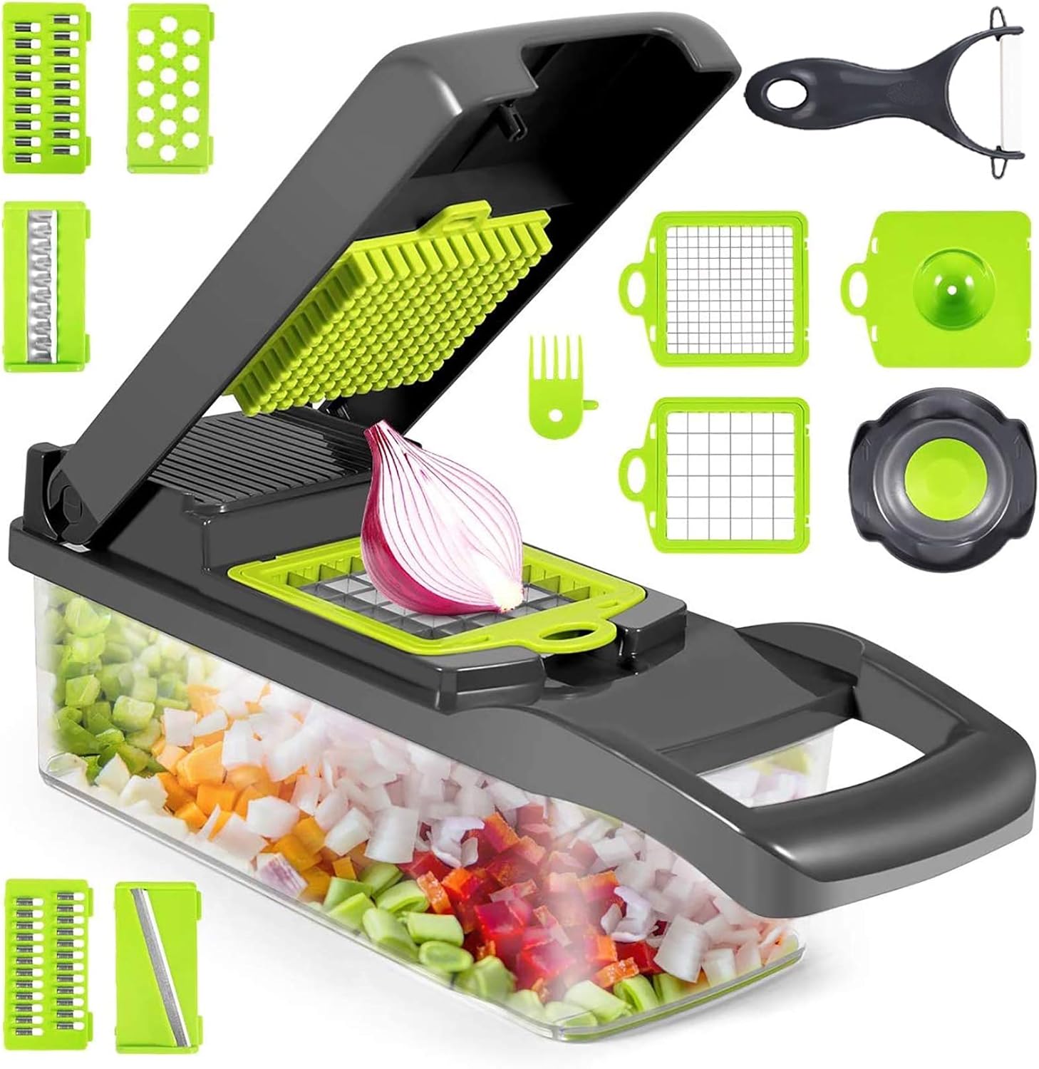 Multifunction Vegetable Chopper, 14 in 1 Salad Cutter Food Dicer Veg Chopper with 7 Blades for Kitchen