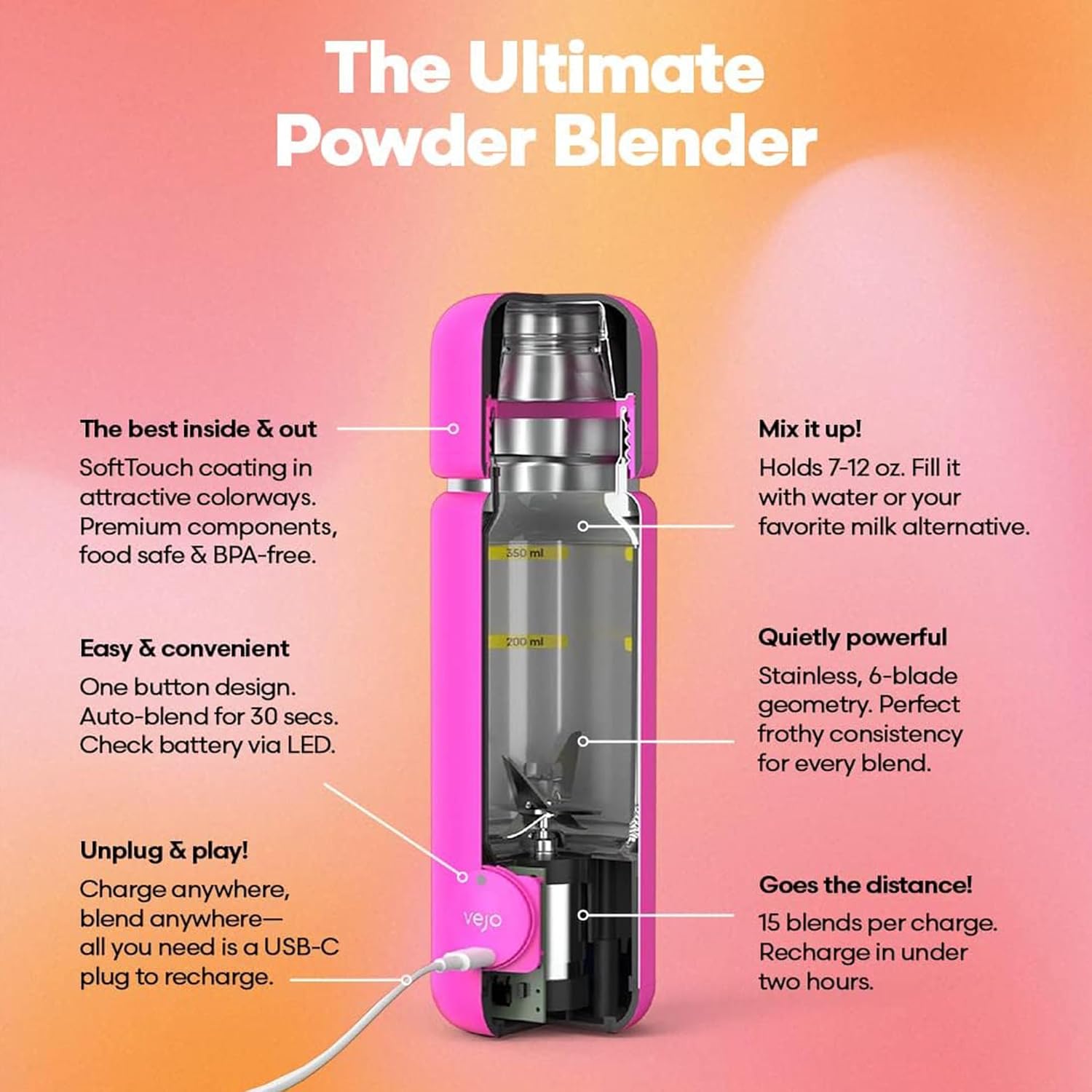 Vejo Portable Travel Blender for Protein Shakes & Powders | 12oz Rechargeable Personal Mixer Bottle | Stainless Steel Interior | Fits Car Cup Holders | Dishwasher Safe | Gym, School, Outdoors | Red